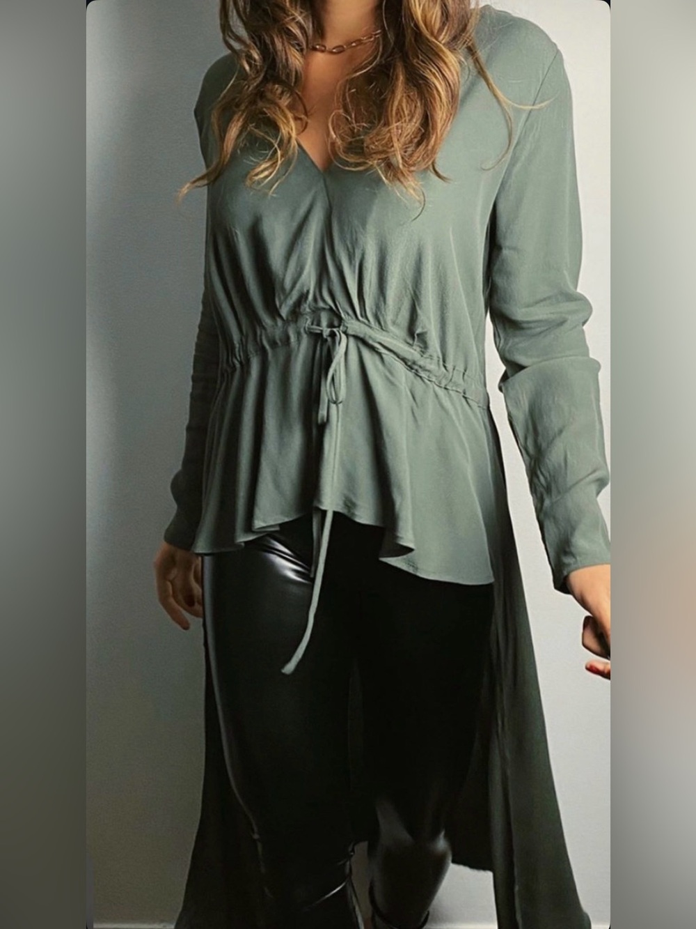 V-Neck Drawstring Peplum Tunic in Olive